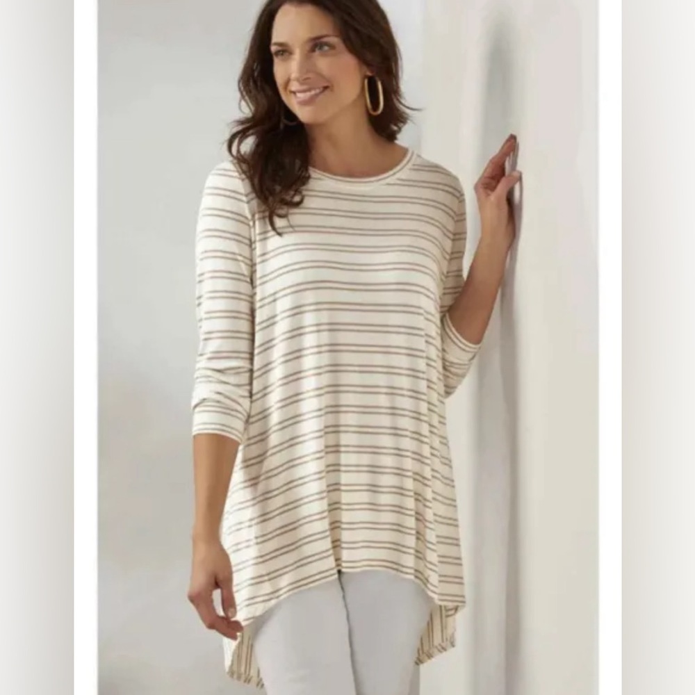 Soft Surroundings | Striped Tunic Spandex Brown White Hi Low Hem Size Medium